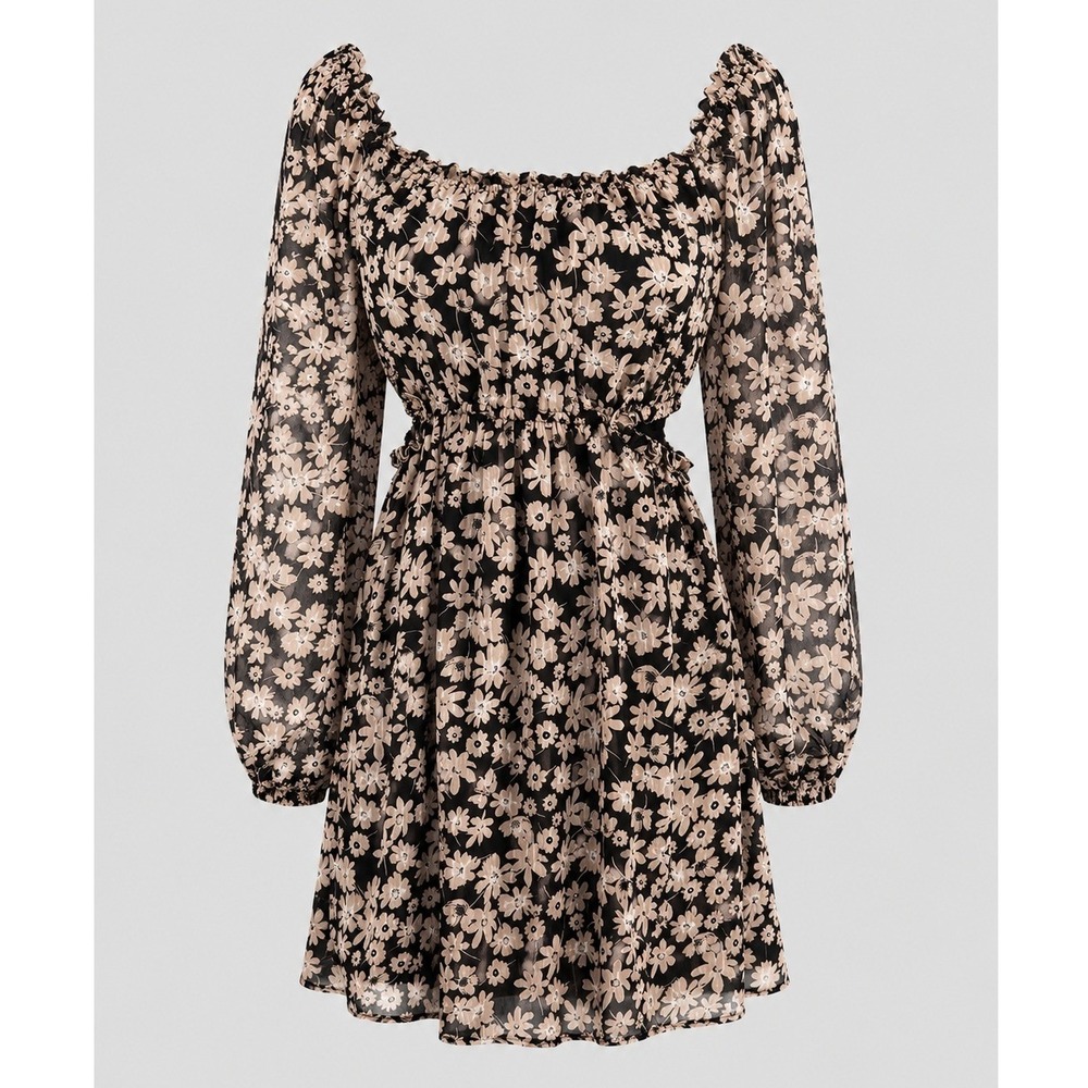 ASTR The Label Floral Cut-Out Mini Dress Black Daisy Smocked Waist Medium